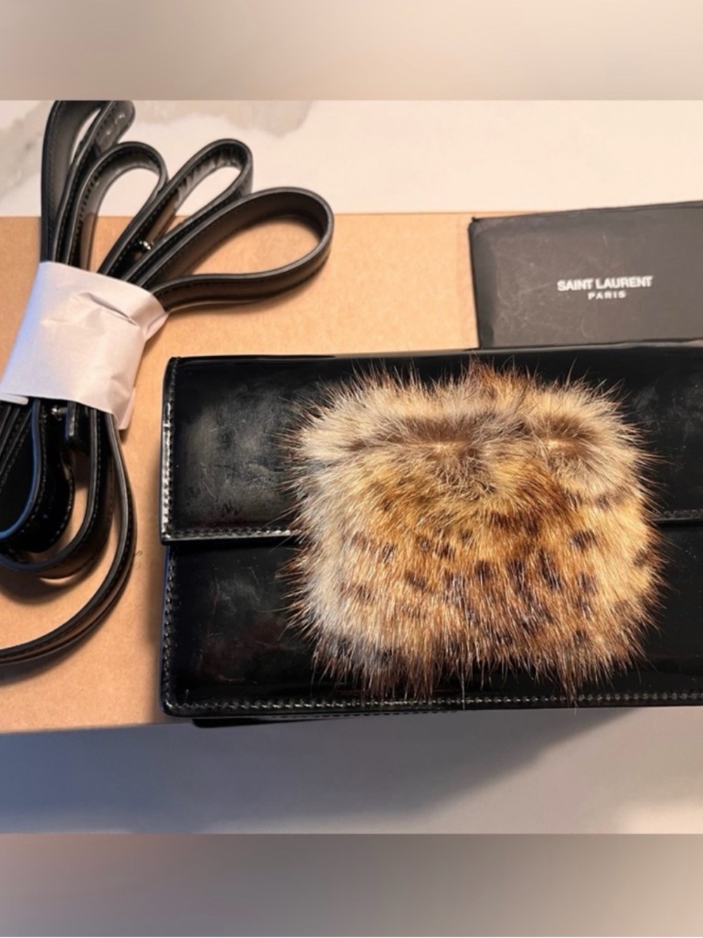 Saint Laurent Black Patent Leather Clutch with Brown Fur Accent